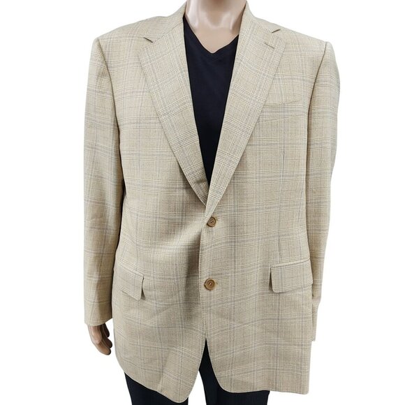 Canali Mens Two-Button Beige Plaid Wool Blazer Jacket Size 44R - Picture 11 of 11